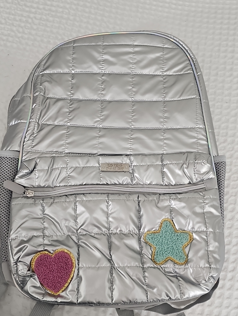 Silver Quilted Kids Backpack with Pink Heart & Mint Star Patches